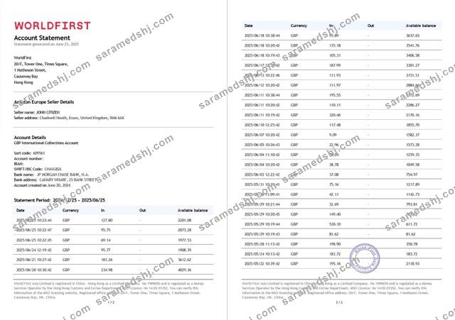 China Worldfirst account statement Word and PDF template, 2 pages